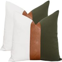 Set of 2 Farmhouse Cotton Throw Pillow Covers 18x18 Decorative Rustic Pillow Case Olive Green and White Square Cushion Case for Sofa Couch Bed Modern Faux Leather Pillowcase - Image 2