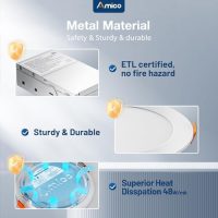 Amico 20 Pack 6 Inch 5CCT Ultra-Thin LED Recessed Ceiling Light with Junction Box, 2700K/3000K/3500K/4000K/5000K Selectable, 12W Eqv 110W, Dimmable Can-Killer Downlight, 1050LM Wafer Lighting - ETL - Image 5